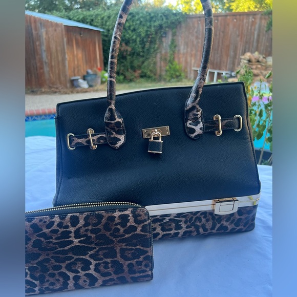 Handbags - Elegant Black and Leopard Print Handbag & Wallet Set